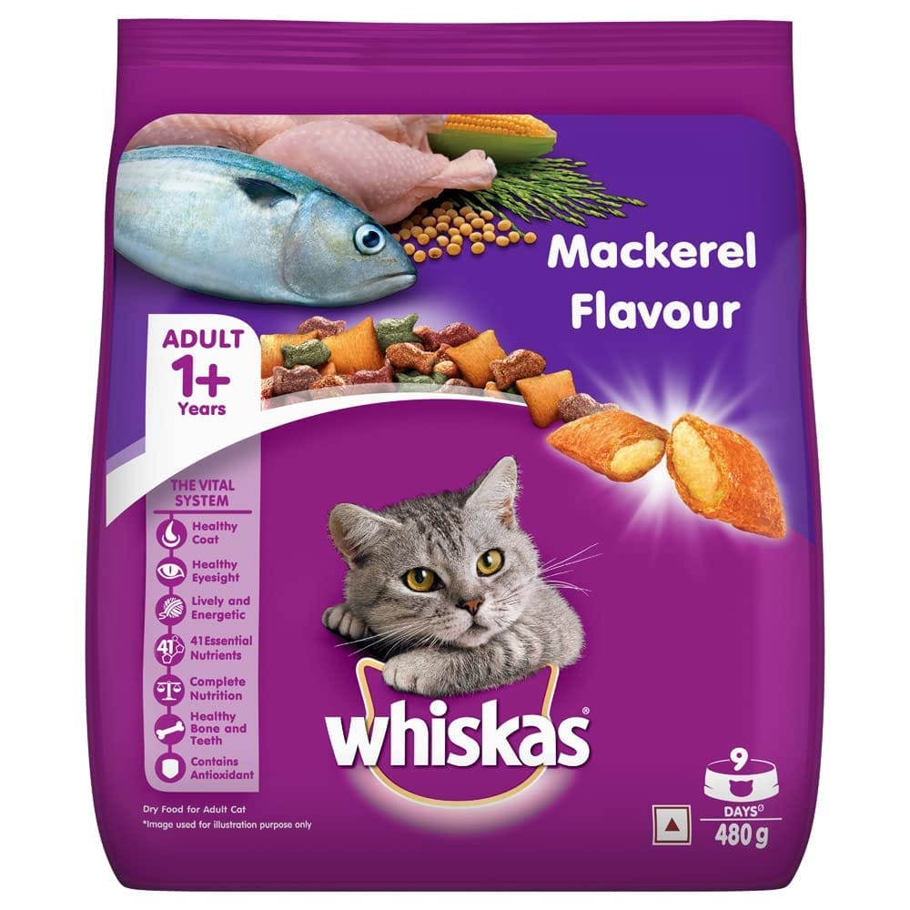 Whiskas Adult (+1 Year) Dry Cat Food, Mackerel Flavour, 480G Pack