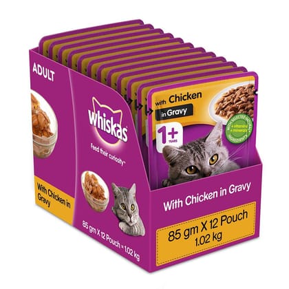 Whiskas Adult (1+ Years) Wet Cat Food, Chicken In Gravy, 12 X 85 G Pouches