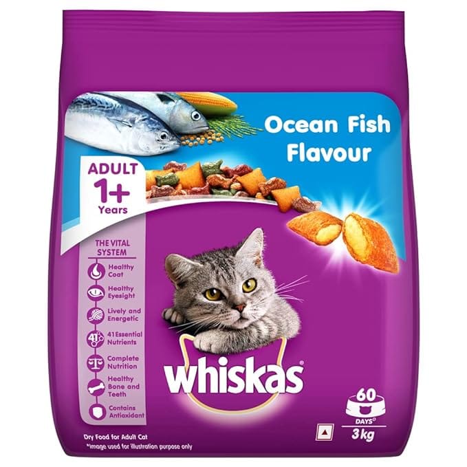 Whiskas Adult Dry Cat Food (1+ Years), Ocean Fish Flavour, 3Kg Pack