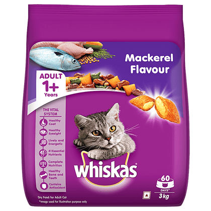 Whiskas Dry Cat Food, Mackerel Flavour, For Adult Cats, +1 Year, 3 Kg