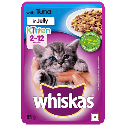 Whiskas Wet Cat Food, Kitten, 2, 12 Months, Tuna In Jelly, For Balanced Nutrition, Shiny Coat, 85 G