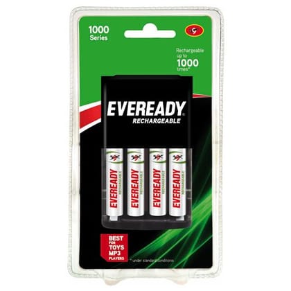 Eveready Rechargeable Battery With Charger For Toys, Mp3 Player, Aa, Lasts Up To 1000 Recharges, 4 Pcs Blister Pack