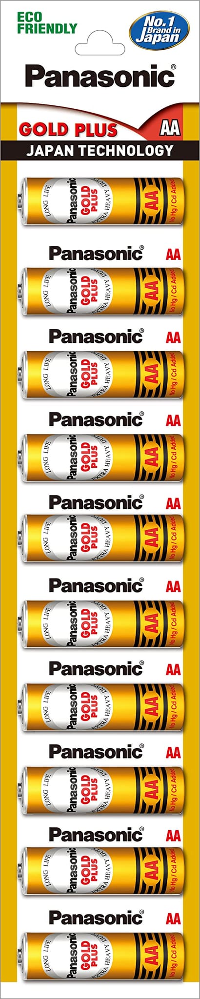 Panasonic Gold Plus Zinc Carbon 1.5V Aa Batteries Long Life Extra Premium India's 1St 100% Eco, Friendly Batteries No Pb, Cd, Hg Added, Bis Certified, Metal Clad, Pack Of 10.