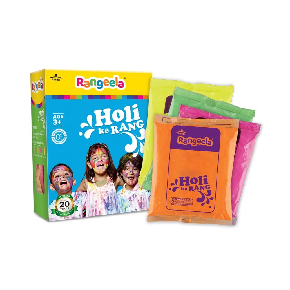 Pidilite Rangeela Holi Ke Rang, 4 Fluorescent Shades Of Holi Colours(Floro Pink, Yellow, Orange, Green), Non, Toxic Colours, Soft & Smooth On Skin, Washable, Easy To Remove, 240G, Pack Of 1