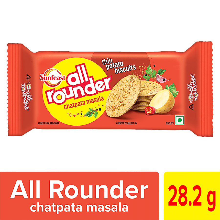 Sunfeast All Rounder, Thin, Light & Crunchy Potato Biscuit With Chatpata Masala Flavour, 28.2 Gm Pouch