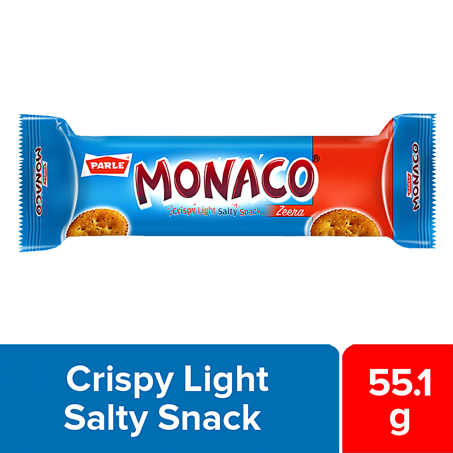 Parle Monaco Biscuit, Zeera, Crispy, Light, Salty Snack, 50 G + 5.1 G Pouch