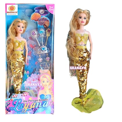 SHANAYA Mermaid Dolls for Girls with Colored Hair, Glittering Dress, Wands, Tiara, Earrings and Necklace Styling Accessories, Gift for Ages 3 and Up (Gold)