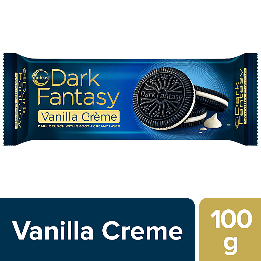 Sunfeast Dark Fantasy, Vanilla Creme, Dark Crunchy Biscuit With Smooth Creamy Layer, 100 G Pouch