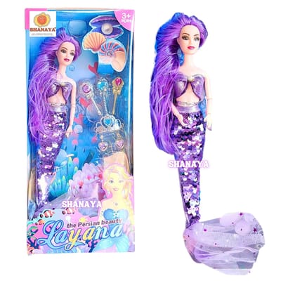 SHANAYA Mermaid Dolls for Girls with Colored Hair, Glittering Dress, Wands, Tiara, Earrings and Necklace Styling Accessories, Gift for Ages 3 and Up (Purple)