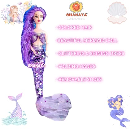 SHANAYA Mermaid Dolls for Girls with Colored Hair, Glittering Dress, Wands, Tiara, Earrings and Necklace Styling Accessories, Gift for Ages 3 and Up (Purple)