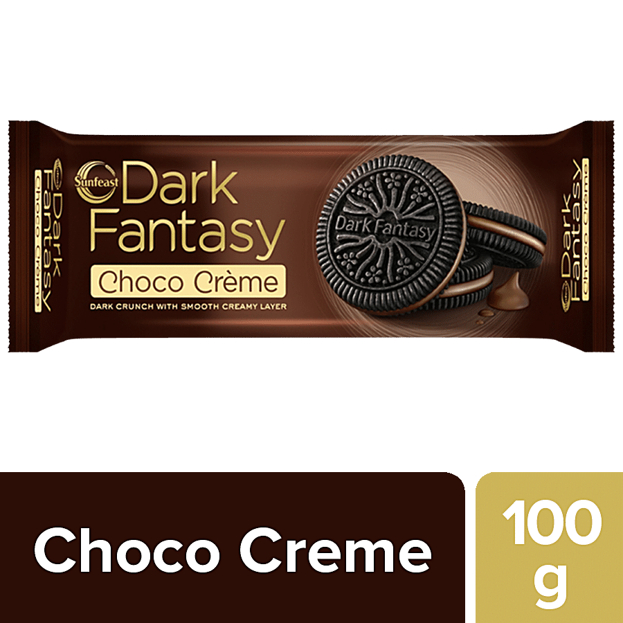 Sunfeast Dark Fantasy, Choco Creme, Dark Crunchy Biscuit With Smooth Creamy Layer, 100 G Pouch