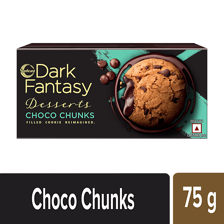 Sunfeast Dark Fantasy, Choco Chunks, Choco Chip & Molten Choco Creme Filled Cookie, 75 G Pouch