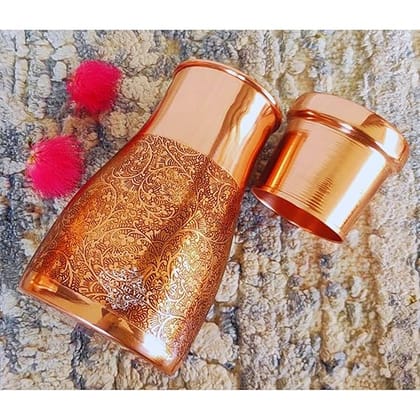 INDIAN ART VILLA Pure Copper Embossed Design Bedroom Water Bottle with Inbuilt Glass