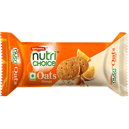 Britannia Nutrichoice Oats Cookies, Orange With Almonds, Healthy Snack, Fibre Enriched, 75 G