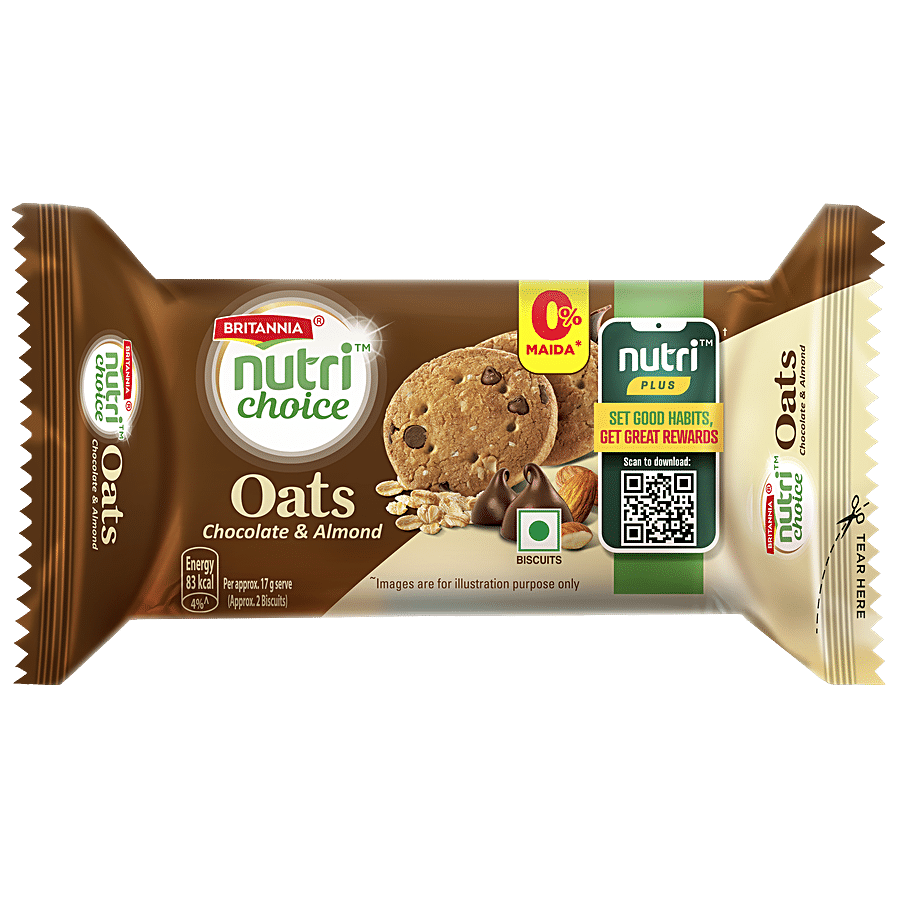 Britannia Nutrichoice Oats Cookies, Chocolate & Almonds, Fibre Rich, Healthy Snack, 75 G