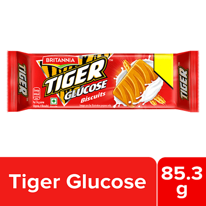 Britannia Tiger Glucose Biscuit, Ready To Eat, Crunchy Snack, 85.3 G