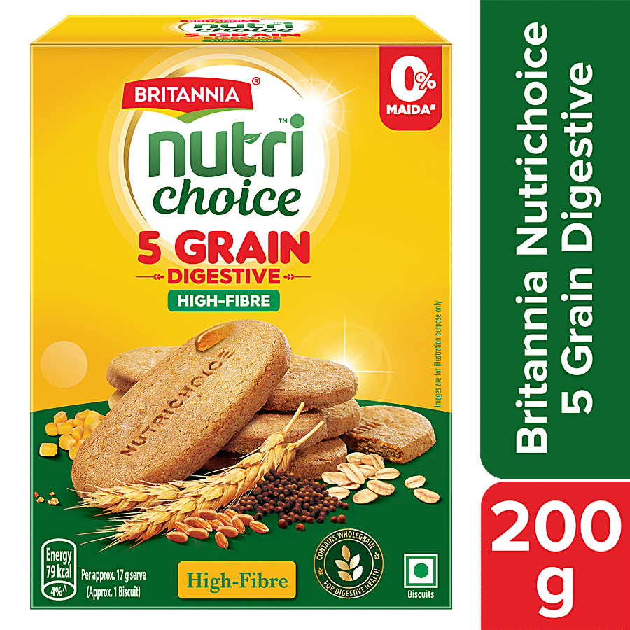 Britannia Nutrichoice 5 Grain Digestive Multigrain Biscuits, High Fibre, With Honey, Healthy Snack, 200 G
