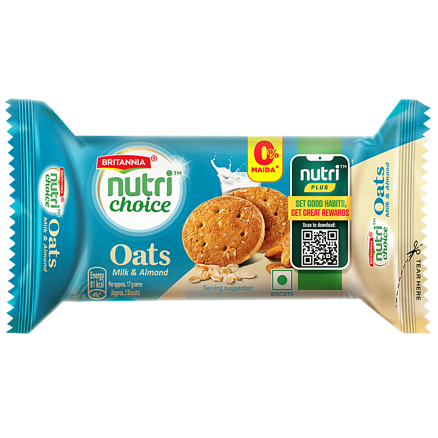 Britannia Nutri Choice, Oats Cookies, Milk Almond, Teatime Snack, 75 G
