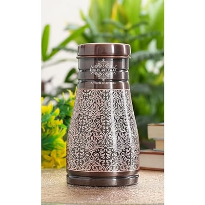 INDIAN ART VILLA Pure Copper Bedroom Water Bottle with Inbuilt Glass, Dark Embossed Design