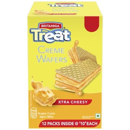 Britannia Treat Creme Wafers, Xtra Cheesy, Flavoured Sandwiched Biscuit, 408 G (12N X 34 G Each)