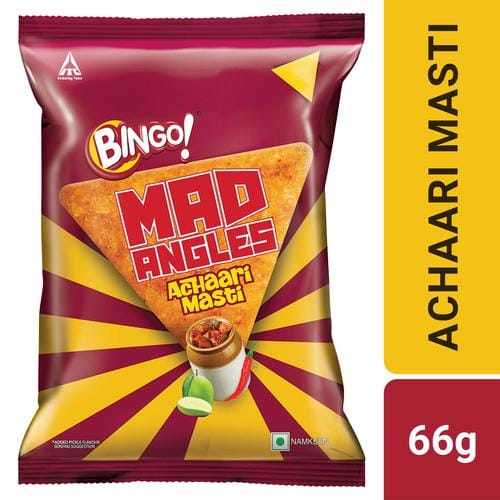 Bingo! Mad Angles Achaari Masti, Mango Pickle Flavour Crunchy Triangle Chips Pack, 66 G Pouch