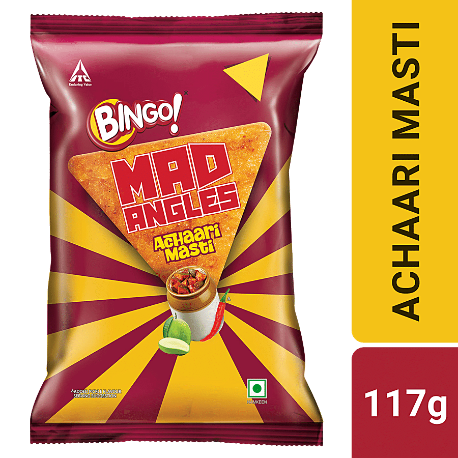 Bingo! Bingo! Mad Angles Achaari Masti Mango Pickle Flavour Crunchy Triangle Chips Pack, 130 G