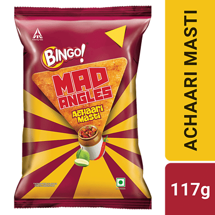 Bingo! Bingo! Mad Angles Achaari Masti Mango Pickle Flavour Crunchy Triangle Chips Pack, 130 G