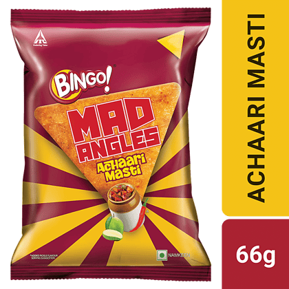 Bingo! Mad Angles Achaari Masti Mango Pickle Flavour Crunchy Triangle Chips Pack, 66G