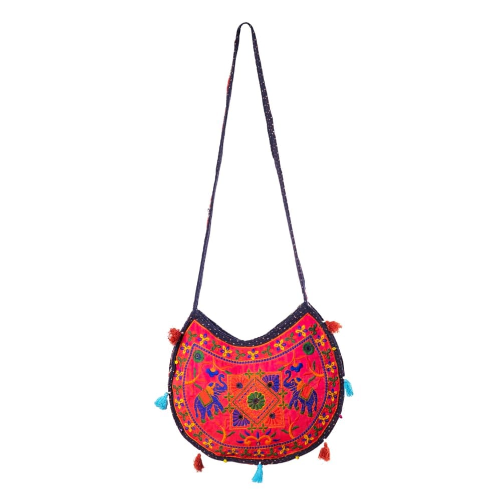 Vibrant Embroidered Crossbody Bag with Ethnic Elephant Motif, Handmade Boho Sling Bag For Women