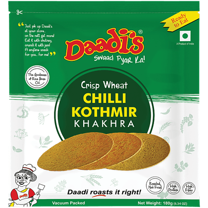 Daadi's Golden Wheat Crisps Chilly Kothmir Khakhra (Dry Chapathi), Whole Wheat Flour, 180 G Pouch