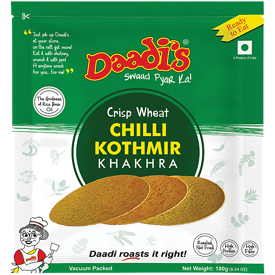 Daadi's Golden Wheat Crisps Chilly Kothmir Khakhra (Dry Chapathi), Whole Wheat Flour, 180 G Pouch