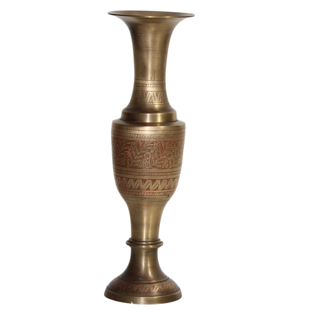 Handcrafted Brass Decorative Vase, Intricate Etched Design,9x9x30 cm, Antique Finish for Home Decor
