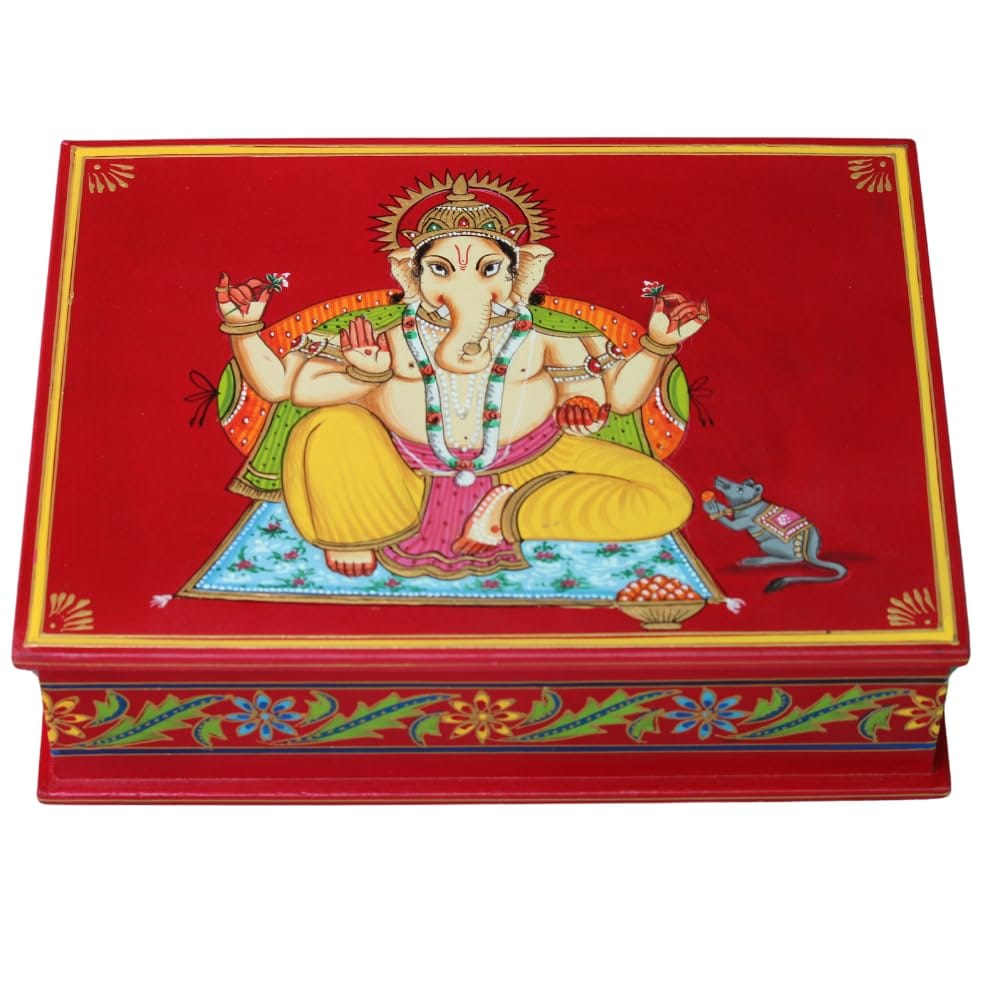 PREET GALLERY Malticolour Hand-Painted Wooden Ganesha Card Box with Coasters, Gift, Wedding Cards