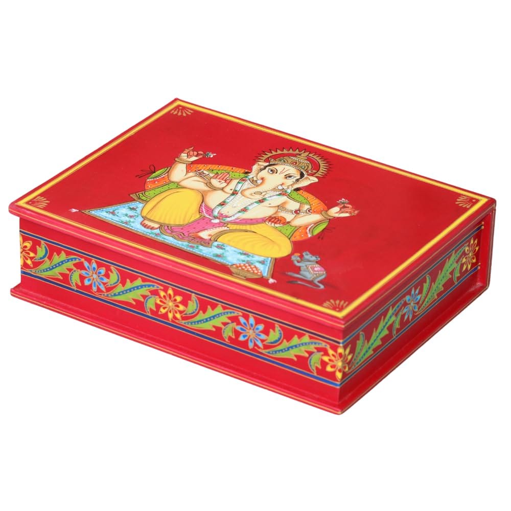 PREET GALLERY Malticolour Hand-Painted Wooden Ganesha Card Box with Coasters, Gift, Wedding Cards