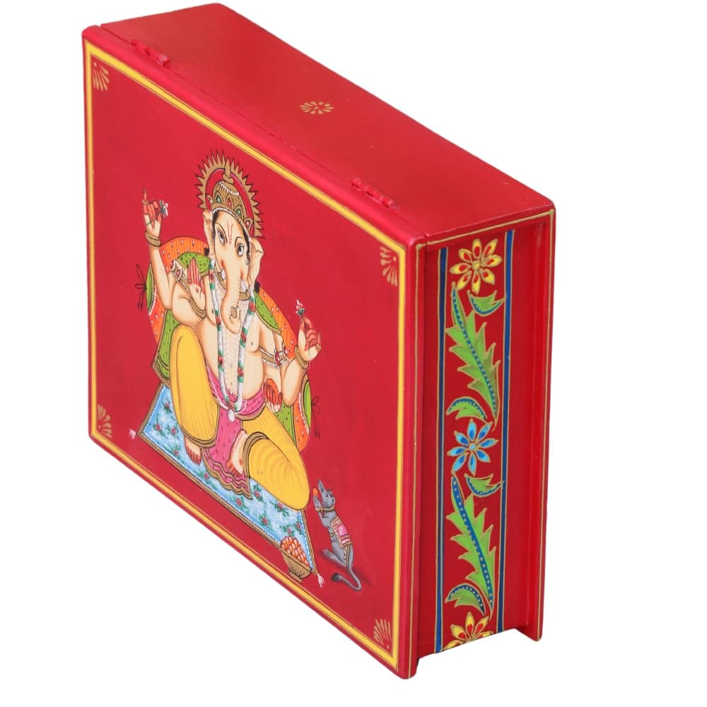 PREET GALLERY Malticolour Hand-Painted Wooden Ganesha Card Box with Coasters, Gift, Wedding Cards