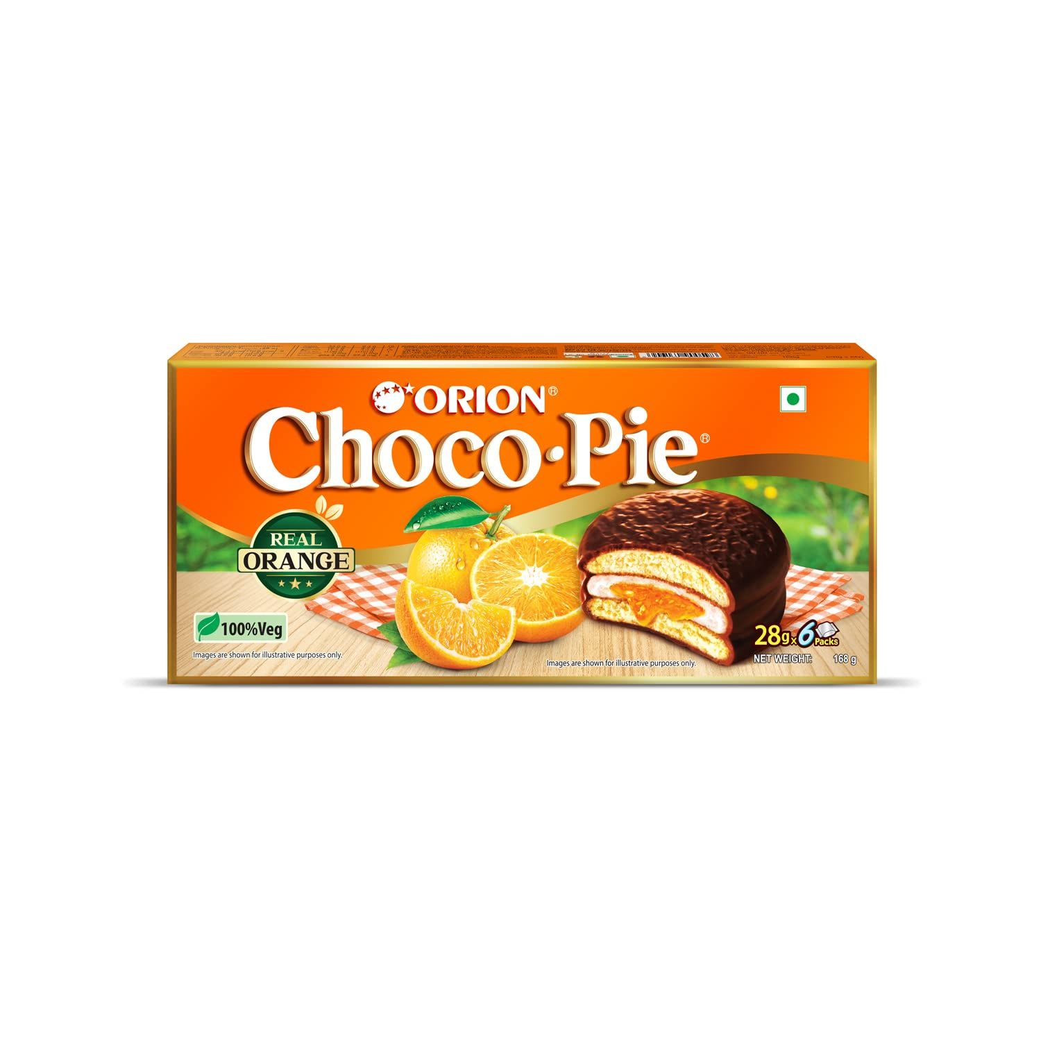Orion Orange Choco Pie (6 Pies) Centre, Filled Chocolate Biscuit, Orange Flavor, 168G