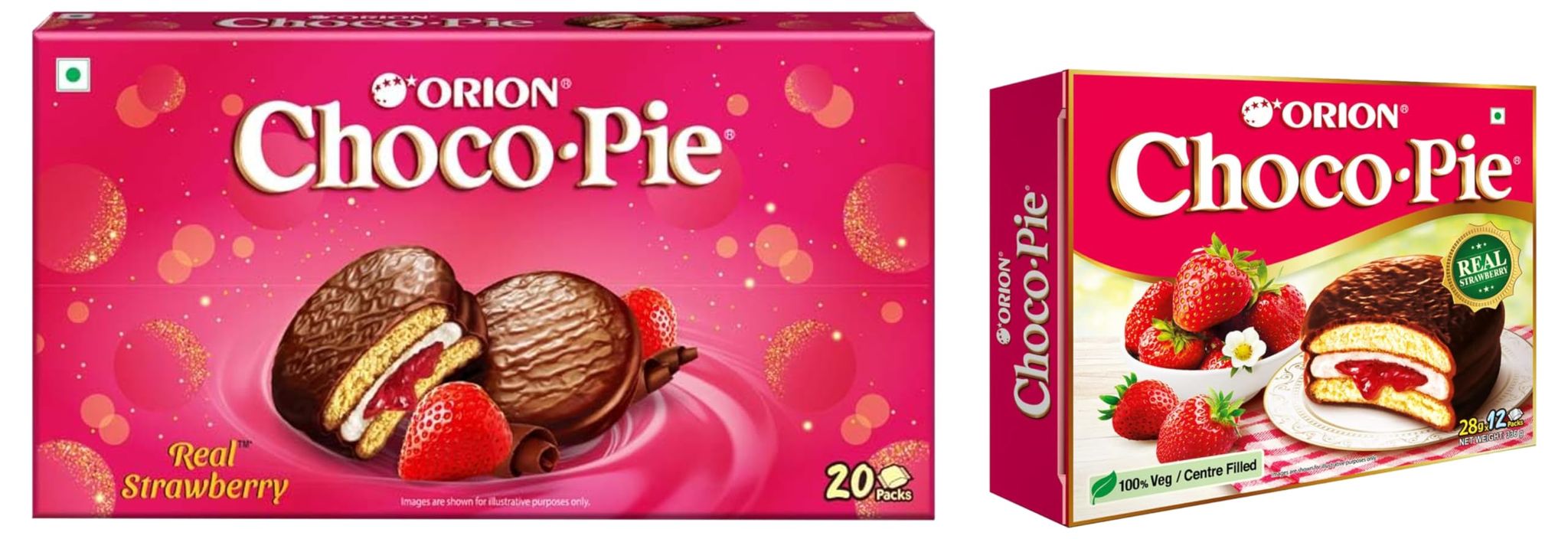 Orion Strawberry Choco Pie (12 Pies), Centre, Filled Chocolate Biscuit & Choco Pie, Chocolate Coated Biscuit, Chocolate Gift Pack, 560 G