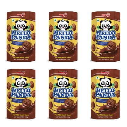 Meiji Hello Panda (Double Chocolate) Cocoa Biscuits With Chocolate Flavoured Filling (Pack Of 6, 300G), Bite Sized Cocoa Biscuits Filled With Chocolate Flavoured Cream