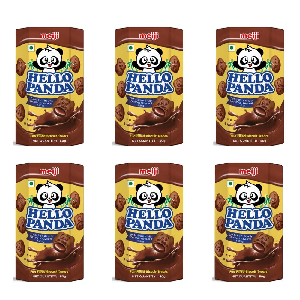 Meiji Hello Panda (Double Chocolate) Cocoa Biscuits With Chocolate Flavoured Filling (Pack Of 6, 300G), Bite Sized Cocoa Biscuits Filled With Chocolate Flavoured Cream