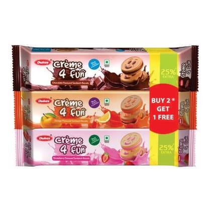 Dukes Crme 4 Fun Strawberry/Orange And Chocolate Flavoured Sandwich Biscuits (Buy 2 Get 1 Free, 450G)/ Flavour's May Vary