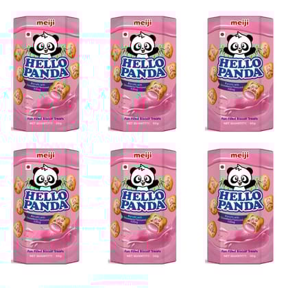 Meiji Hello Panda Biscuits With Strawberry Flavoured Filling (Pack Of 6, 300G), Bite Sized Biscuits Filled With Strawberry Flavoured Cream