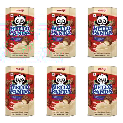 Meiji Hello Panda Cocoa Biscuits With Milk Flavoured Filling (Pack Of 6, 300G), Bite Sized Cocoa Biscuits Filled With Milk Flavoured Cream