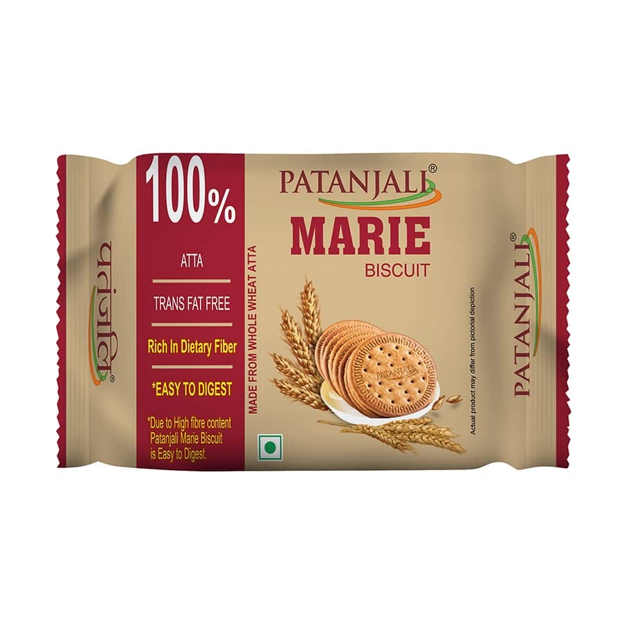 Patanjali Whole Wheat Marie Biscuit 225G, Fiber Rich, Tea Time Snacks, Cookies
