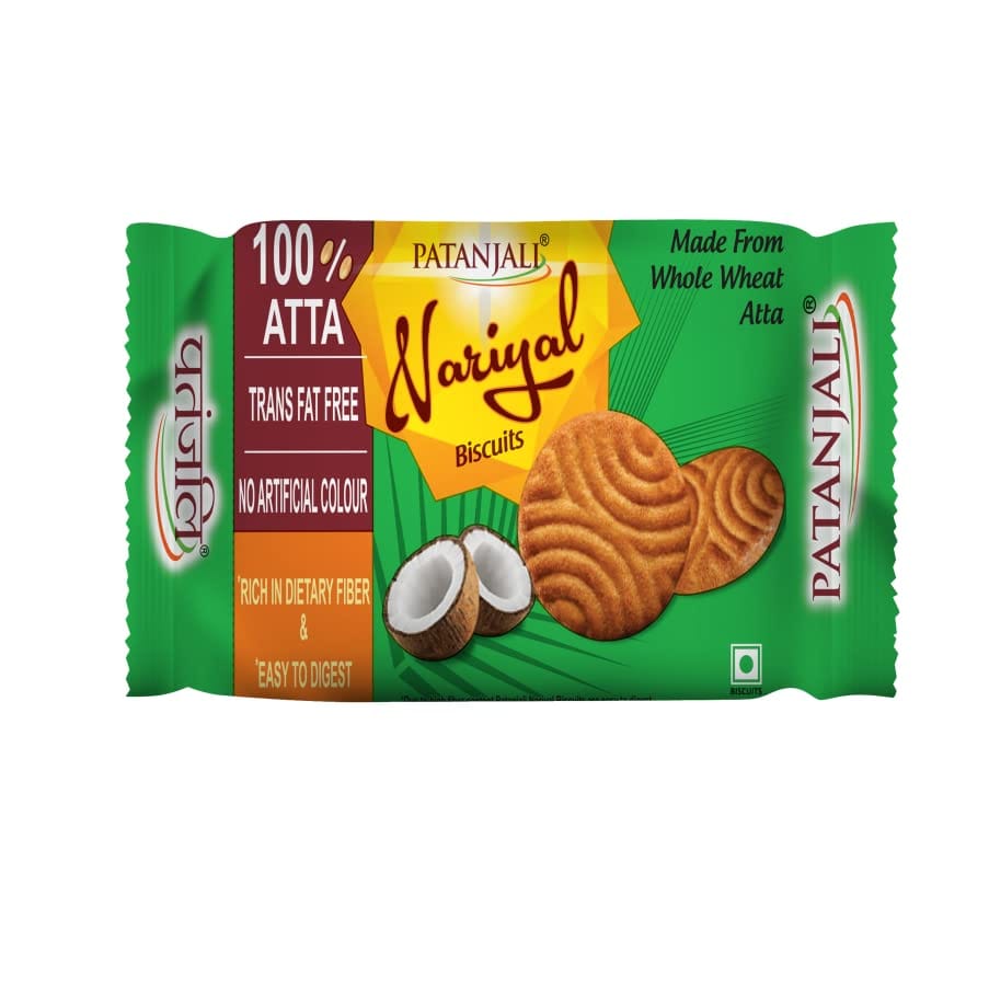 Patanjali Nariyal Biscuit 225 Gm, Whole Wheat Coconut Cookie, Tea Time Cookies With Fiber