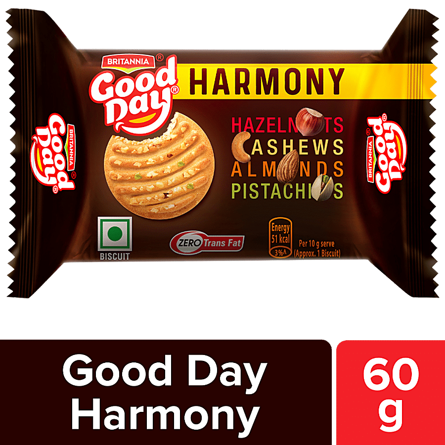 Britannia Good Day Harmony Biscuit, Crunchy, Zero Trans Fat, Ready To Eat, 60 G Pouch