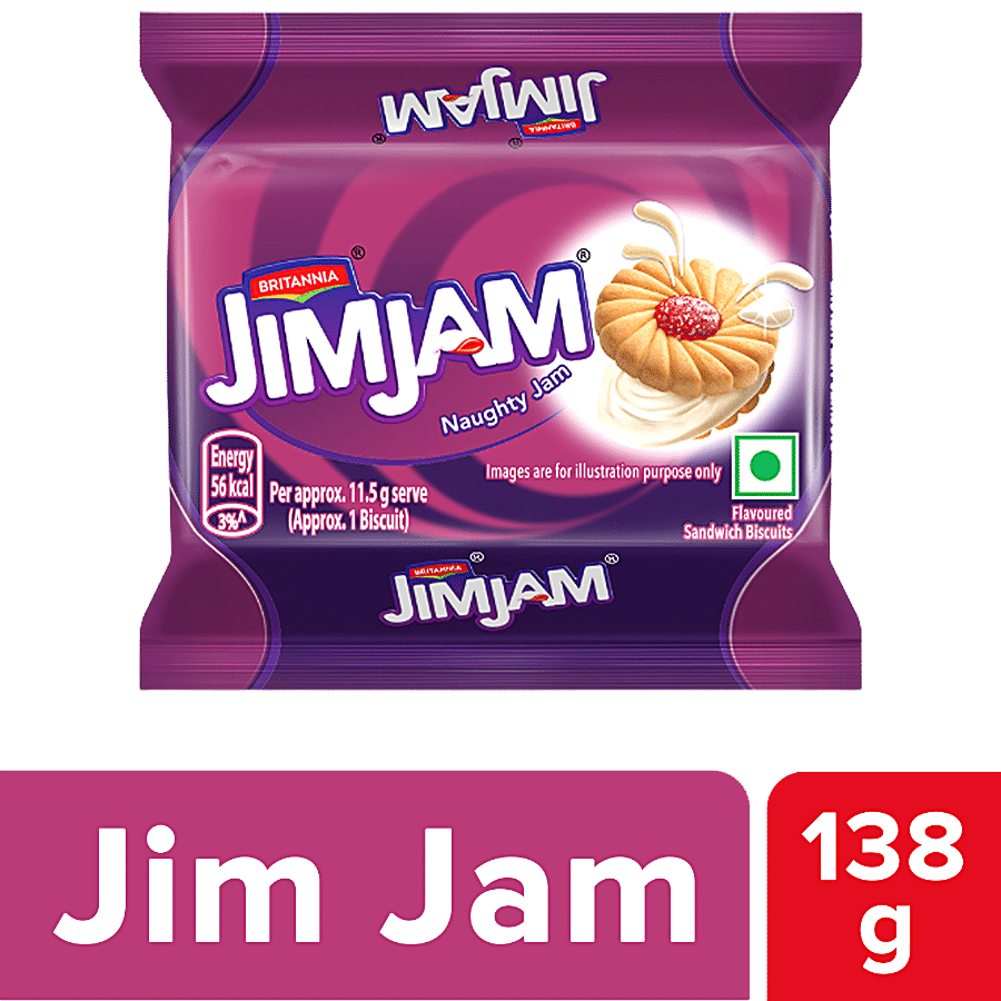 Britannia Jim Jam Cream Biscuit, Crunchy, Ready To Eat, 138 G