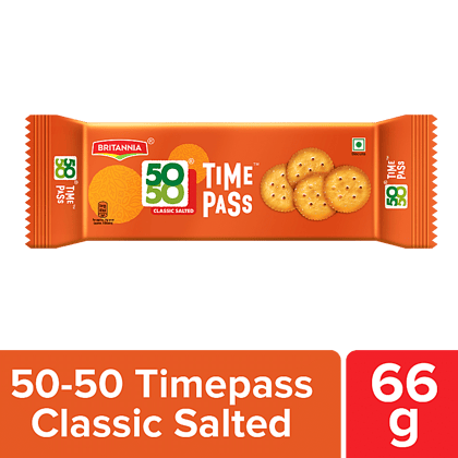 Britannia 50, 50 Timepass Classic Salted Biscuit, Light, Crispy, Ready To Eat, 66 G