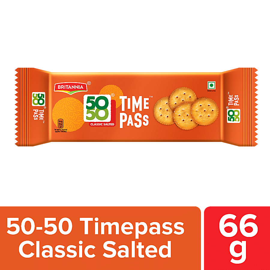 Britannia 50, 50 Timepass Classic Salted Biscuit, Light, Crispy, Ready To Eat, 66 G