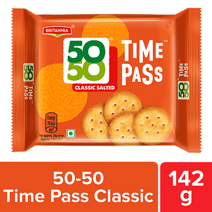 Britannia 50, 50 Timepass Classic Salted Biscuit, Light, Crispy, Ready To Eat, 142 G