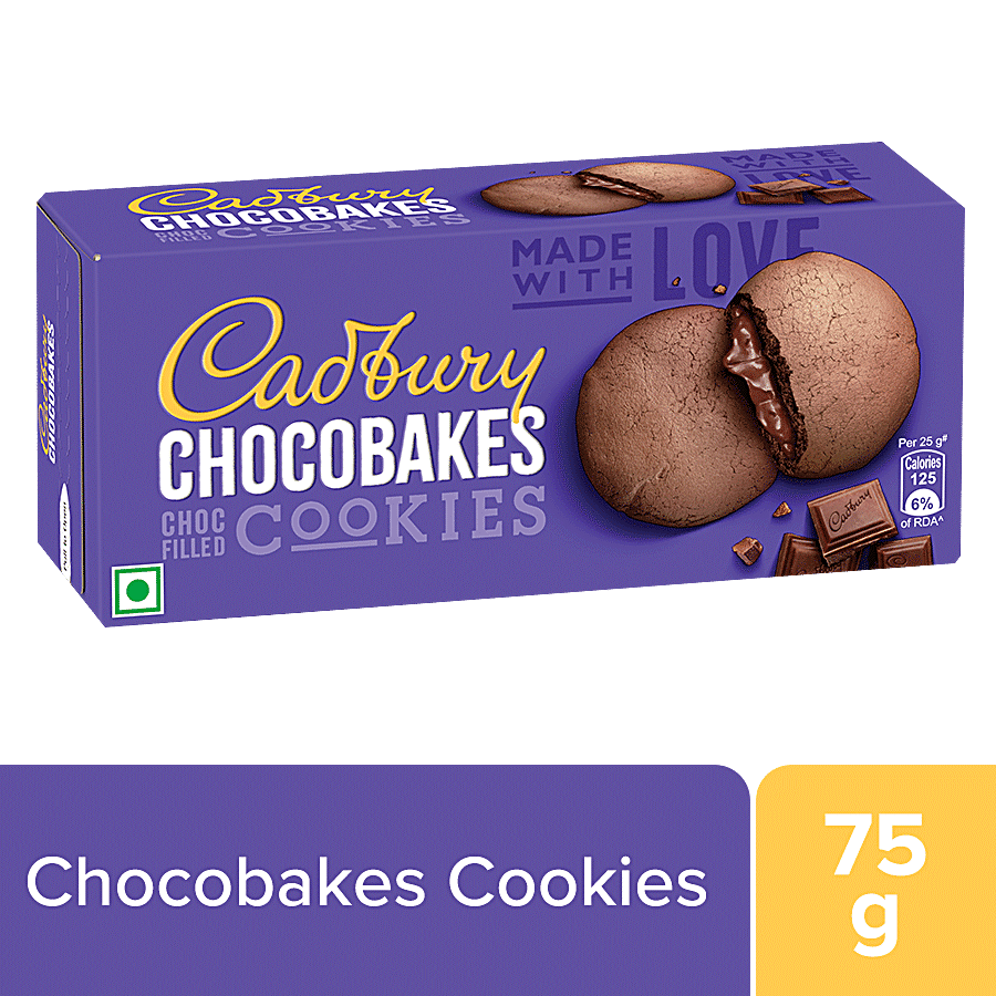 Cadbury Chocobakes Choc Filled Cookies, Centre Filled Chocolate Biscuits, 75 G (6 Pcs)